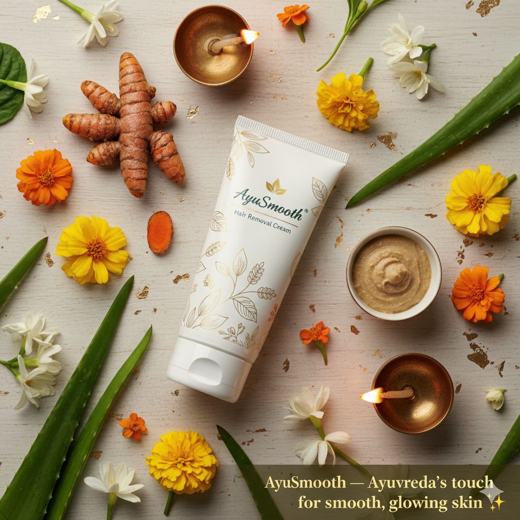ayusmooth product home page image A flat lay photo of the Ayusmooth Hair Removal Cream tube, styled with fresh natural ingredients like turmeric root, aloe vera leaves, and various Ayurvedic flowers, highlighting the product's natural composition.